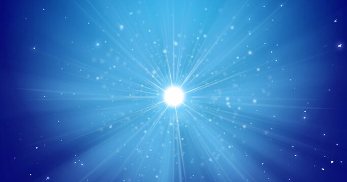 Radiating beams, bright white light burst shining in abstract scene, with blue gradient backdrop - Powered by Adobe