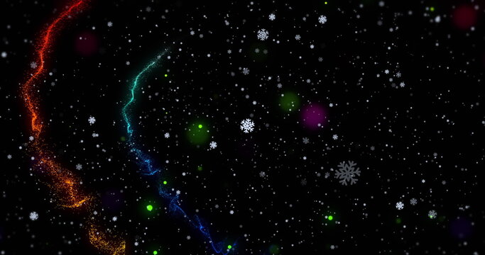 Fototapeta Swirling orange and cyan sparks rising through dark space, snowflakes, green purple orbs copy space
