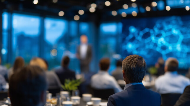 Workplace seminar setting with coffee cups and notebooks on tables, employees leaning forward to ask questions as a specialist explains malware threats and secure network protocols