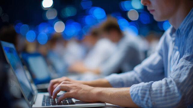 A corporate cybersecurity boot camp in progress, close-up of employeesâ hands typing on secure workstations, badge-authenticated systems and IT support staff in the background, fos