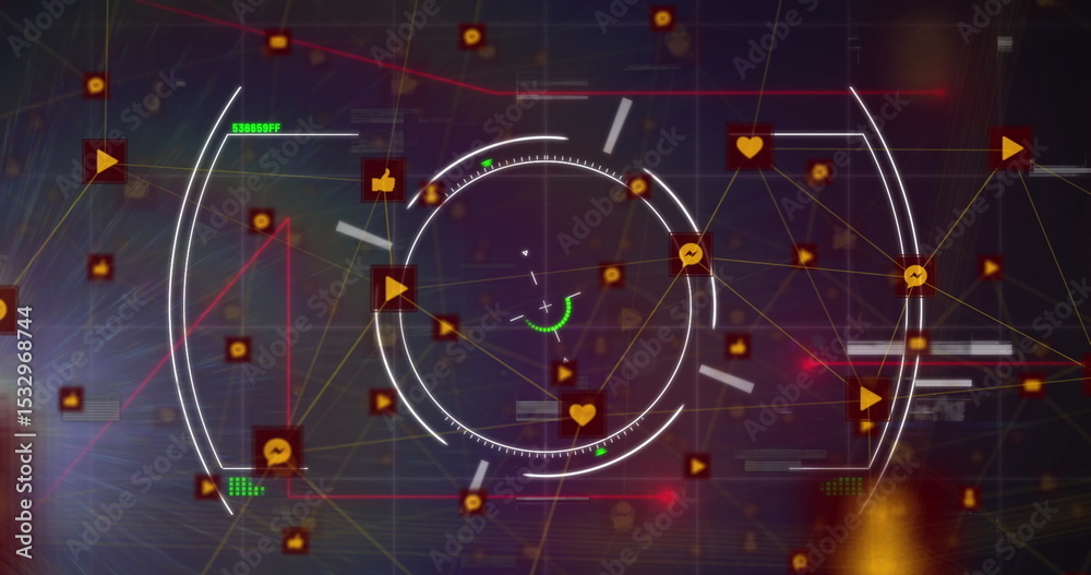 Poster rotating hud reticle analyzing data in network interface, showing social media icons, network lines
