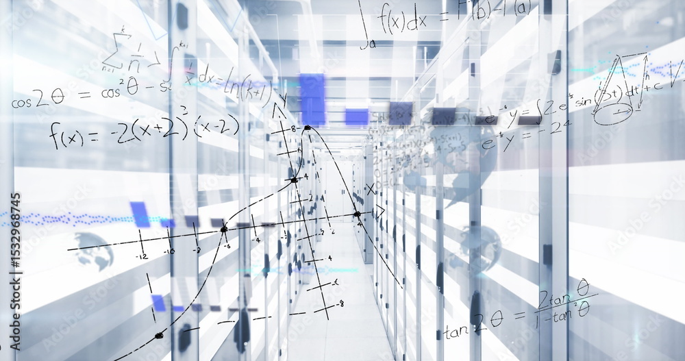 Poster displaying server racks lining data center aisle with led panels, floating math and graph overlays