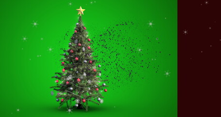 Standing evergreen tree sporting gold star topper and ornaments on green backdrop, with particles