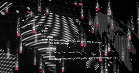 Displaying dotted world map floating over virtual grid, with binary streams and code snippets