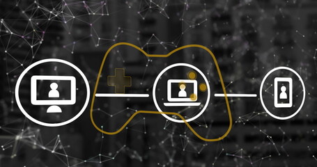 Displaying device icons linking monitor, laptop, smartphone in network field, with game controller