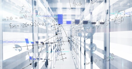 Displaying server racks lining data center aisle with LED panels, floating math and graph overlays