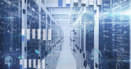 Revealing data center corridor, with server racks, network cables, LED lights and floating overlays