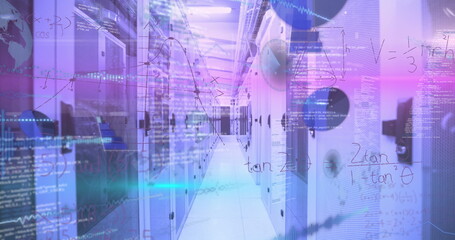 Displaying server rack aisle glowing purple and blue code overlays in data center, with cable trays