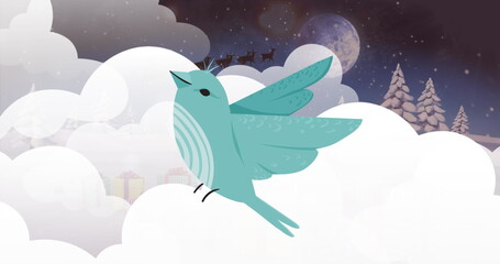 Teal bird soaring among clouds above pine trees with pastel gifts, starry moonlit sleigh silhouette