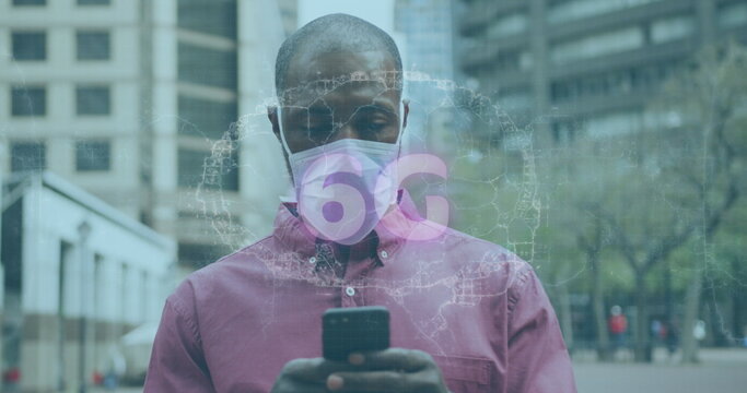 Man wearing pink shirt and mask using smartphone to view 6G holographic map in urban plaza - Powered by Adobe