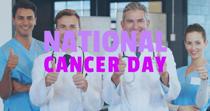 Smiling team giving thumbs-up in office, with lab coats, scrubs and National Cancer Day text