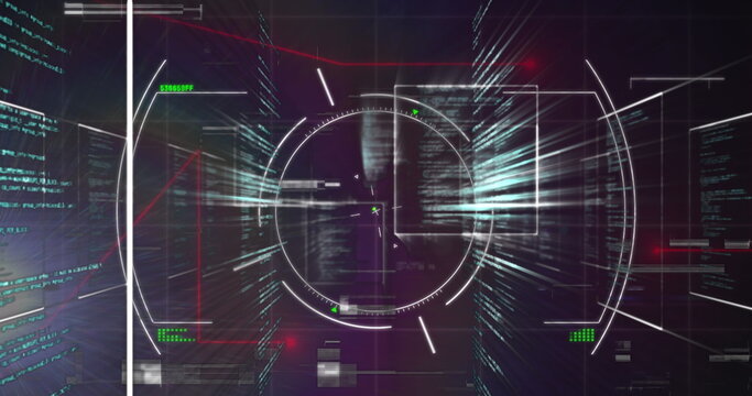 Displaying central reticle scanning in interface, with data streams, code blocks and grid overlays