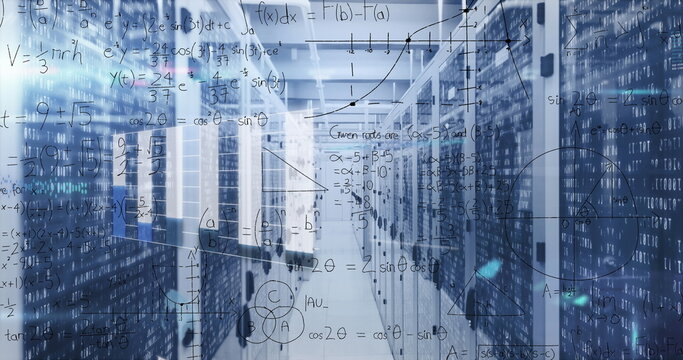 Extending server rack corridor running through data center, with binary code and math overlays