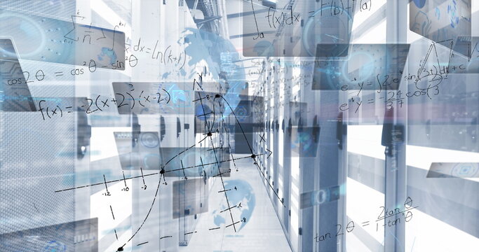 Displaying data center aisle with polished floor, Ethernet cables, LED lights and analysis overlay