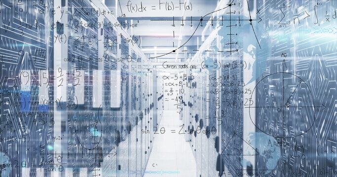 Highlighting server racks lining data center corridor, with blinking LEDs and math overlay