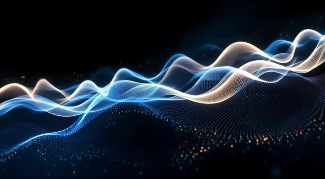 Radiant light waves cascading across a dark background, distorting and bending as they move in rhythmic patterns
