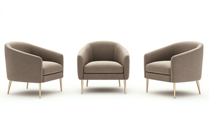 Three minimalist armchairs in a modern design, showcasing a neutral fabric and wooden legs, perfect for contemporary living spaces and cozy interiors, adding elegance to any room.