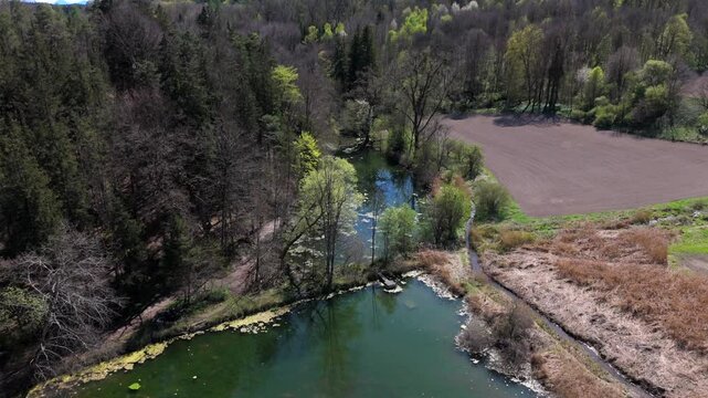 Luftaufnahme Spiegelweiher and surrounding ponds in Bavaria, Germany, Grafing bei Munchen. Scenic spring landscape with shimmering lakes, tranquil paths and flourishing nature in southern Deutschland