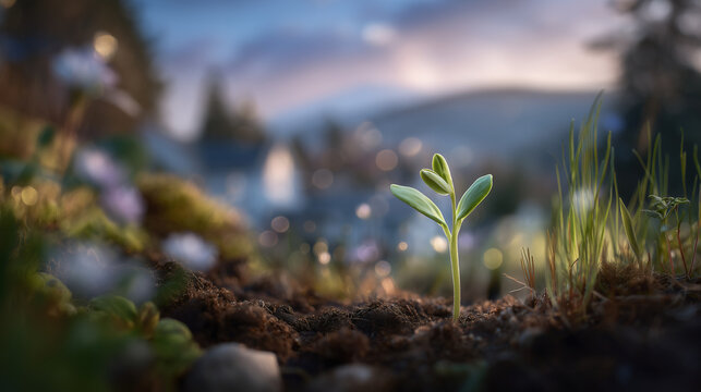 Germination scene with a small plant emerging, one tender leaf still curled, backlit by soft sunlight in a serene natural landscape, embodying ecology and rebirth