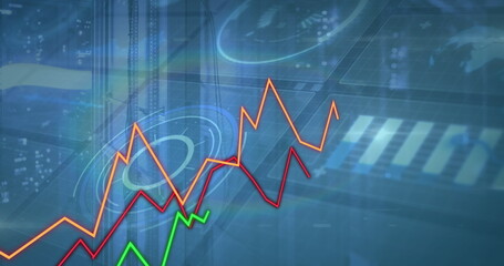 Three colored line graphs plotting data trends in virtual dashboard, with HUD elements, grid, map