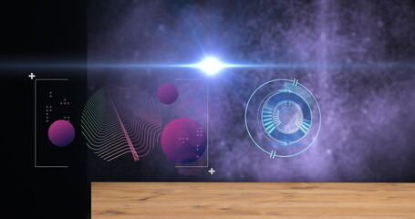 Wooden tabletop spanning nebula in interface, featuring magenta spheres, wavy grid and blue HUD