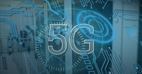 Displaying transparent 5G text over blurred office corridor with blue circuits, rings, clock dials