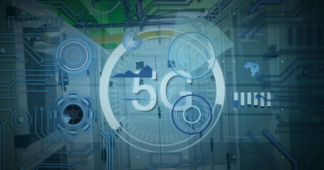 Displaying rack-mounted servers with glowing 5G holographic gauges in data center, circuit overlay