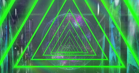 Displaying nested neon green frames receding in data tunnel with wireframe globe, reflective panels