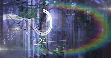 Showing circular gauge reading 124 on skyline HUD, with gridlines, world map, schematics, lensflare