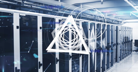 Showcasing server racks with glass doors lining floor in data center, with cable trays and overlays