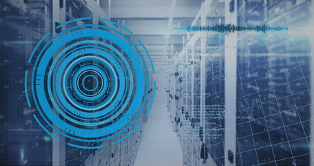 Central aisle extending through data center with server racks and floating HUD and code overlays