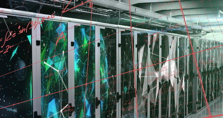 Displaying server rack cabinets glowing green in server room, with cable trays, floating red grid