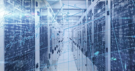 Lining data center hall server racks housing blinking LED servers and bundled cables, data overlays