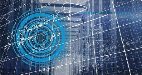 Central blue concentric circles floating on grid overlay in blurred corridor, with white formulas