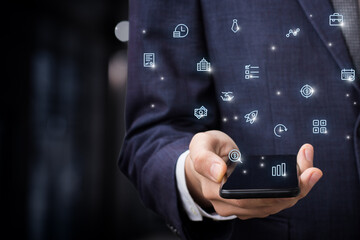 Smartphone shows modern tech icons