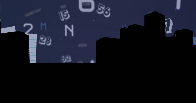 Illuminating high-rise skyline silhouette at night, with floating alphanumeric code overlay - Powered by Adobe