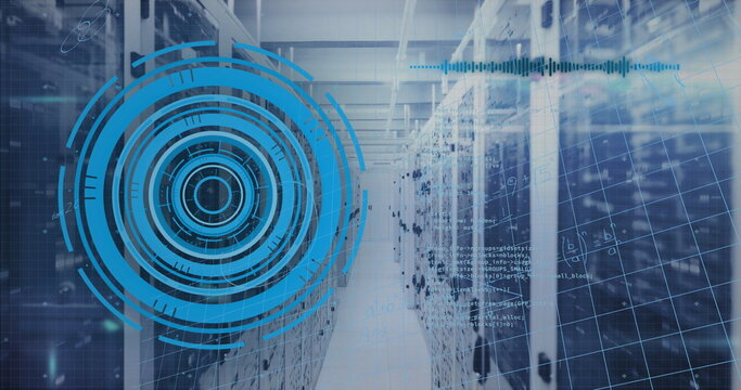 Central aisle extending through data center with server racks and floating HUD and code overlays