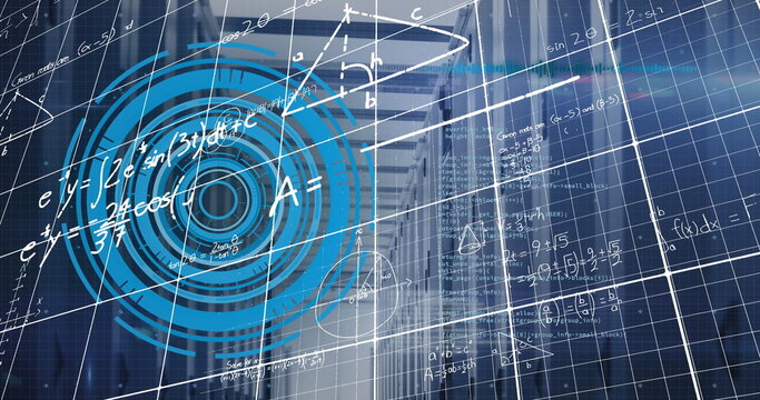 Central blue concentric circles floating on grid overlay in blurred corridor, with white formulas