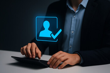 Professional businessman using tablet with neon blue digital profile icon and checkmark for secure user authentication in modern technology