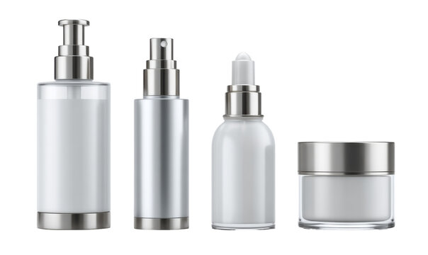Four cosmetic bottles, various shapes and dispensing methods