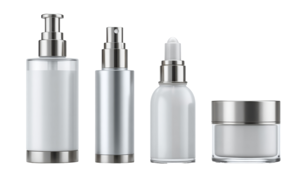 Four cosmetic bottles, various shapes and dispensing methods