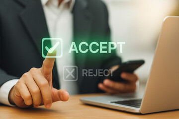 Businessman Touches Virtual Green Accept Button on Digital Screen in Modern Office Setting for Approval and Confirmation Concept