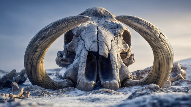 A monkey skull skeleton with massive, strong tusks protruding from the head a Stone Age mammoth.