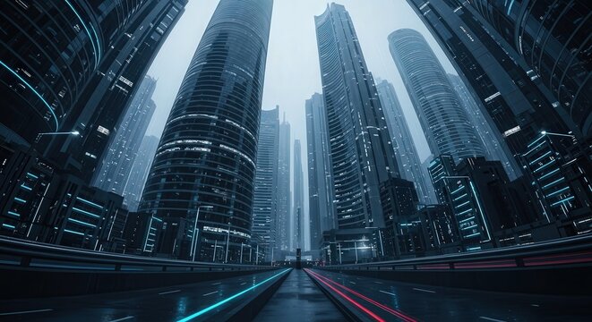 Futuristic Tall Skyscraper Buildings with Neon Lights in Modern Urban Cityscape