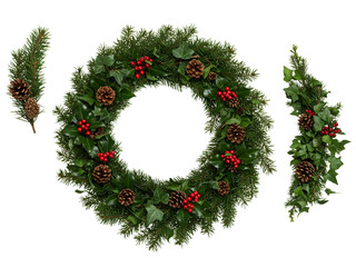 Beautiful Christmas wreath with pine cones, red berries, and stars isolated on a transparent background—perfect for festive decor, winter holidays, and seasonal designs.
