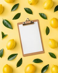 Captivating display of fresh lemons and lush lemon leaves on a charming clipboard set against a bright pastel yellow background.
