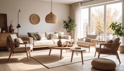Fototapeta premium Serene Minimalist Living Room Interior Design with Natural Light and Wooden Furniture.