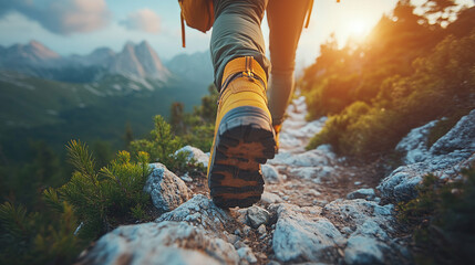Hiking boots on mountain trail at sunset