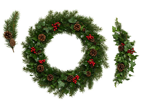 Beautiful Christmas wreath with pine cones, red berries, and stars isolated on a transparent background—perfect for festive decor, winter holidays, and seasonal designs.