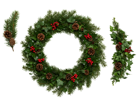 Beautiful Christmas wreath with pine cones, red berries, and stars isolated on a transparent background—perfect for festive decor, winter holidays, and seasonal designs.